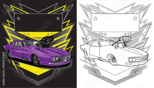 Outline purple and painted racing car. Isolated in black background, for t-shirt design. print, and for business purposes.