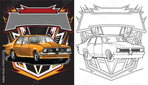 Outline orange and painted racing car. Isolated in black background, for t-shirt design. print, and for business purposes.