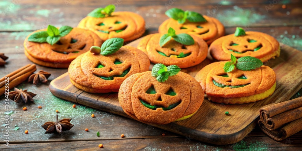 Sweet Halloween pumpkin cookies decorated with mint leaves and sprinkled with cinnamon powder , Halloween, pumpkin, cookies Sweet Halloween pumpkin cookies decorated with mint leaves and sprinkled with cinnamon powder , Halloween, pumpkin, cookies