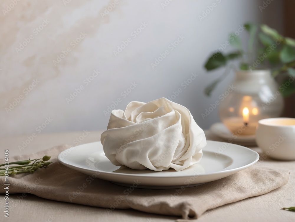 A single Buuz dumpling in focus on a plain, white porcelain plate. A single Buuz dumpling in focus on a plain, white porcelain plate.