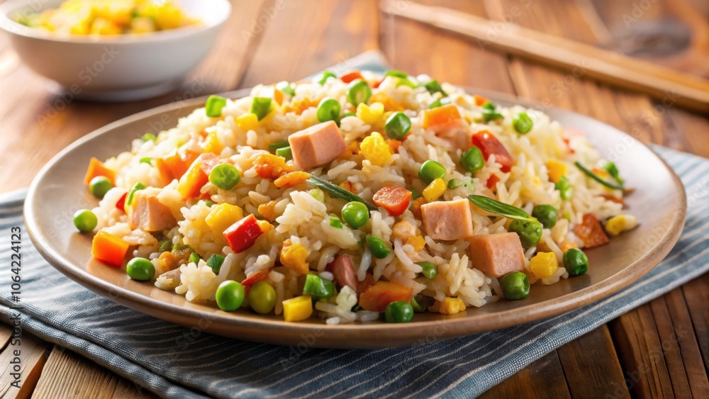 Delicious egg fried rice with colorful vegetables and savory meat on a plate, food, cuisine, Asian, homemade, meal Delicious egg fried rice with colorful vegetables and savory meat on a plate, food, cuisine, Asian, homemade, meal