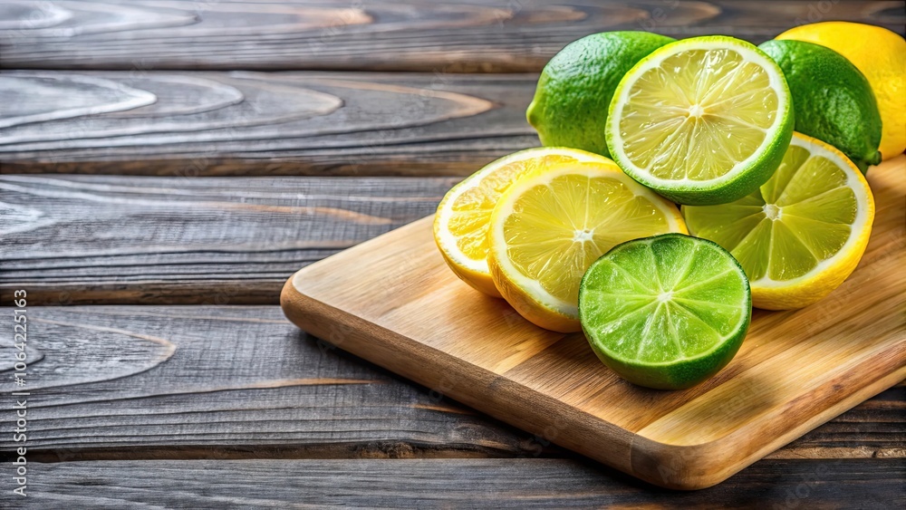 Half-cut green lime and lemon slices on wooden board, lime, lemon, citrus, fresh, green, yellow, slices, juicy, kitchen Half-cut green lime and lemon slices on wooden board, lime, lemon, citrus, fresh, green, yellow, slices, juicy, kitchen