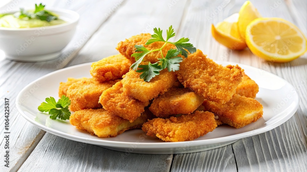 Crispy fried fish fillet nuggets on a white plate, crispy, fried, fish, fillet, nuggets, seafood, appetizer, meal Crispy fried fish fillet nuggets on a white plate, crispy, fried, fish, fillet, nuggets, seafood, appetizer, meal