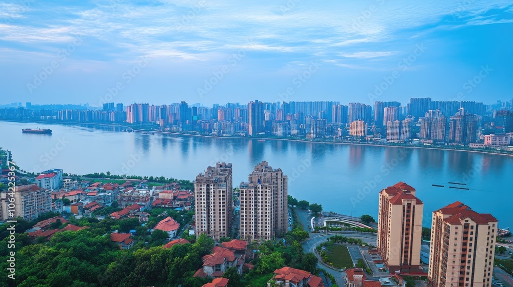 Fototapeta premium Urban Skyline with River and Modern Architecture