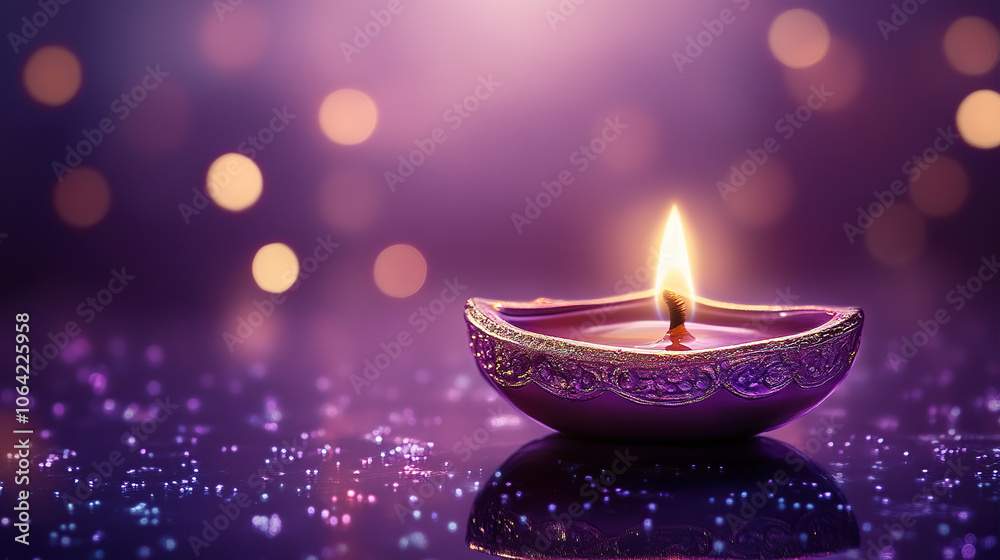A purple background with a glowing diya lamp, symbolizing the lights of joy and prosperity during the Diwali festival celebration A purple background with a glowing diya lamp, symbolizing the lights of joy and prosperity during the Diwali festival celebration