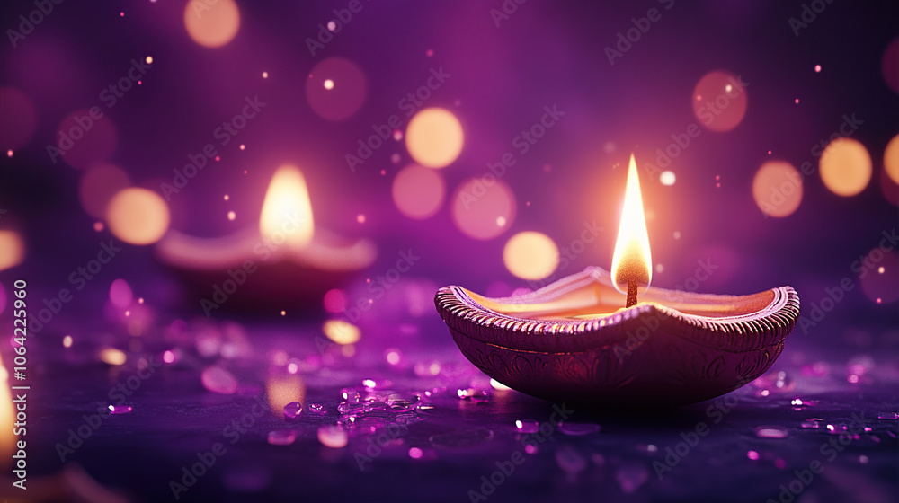 A purple background with a glowing diya lamp, symbolizing the lights of joy and prosperity during the Diwali festival celebration A purple background with a glowing diya lamp, symbolizing the lights of joy and prosperity during the Diwali festival celebration