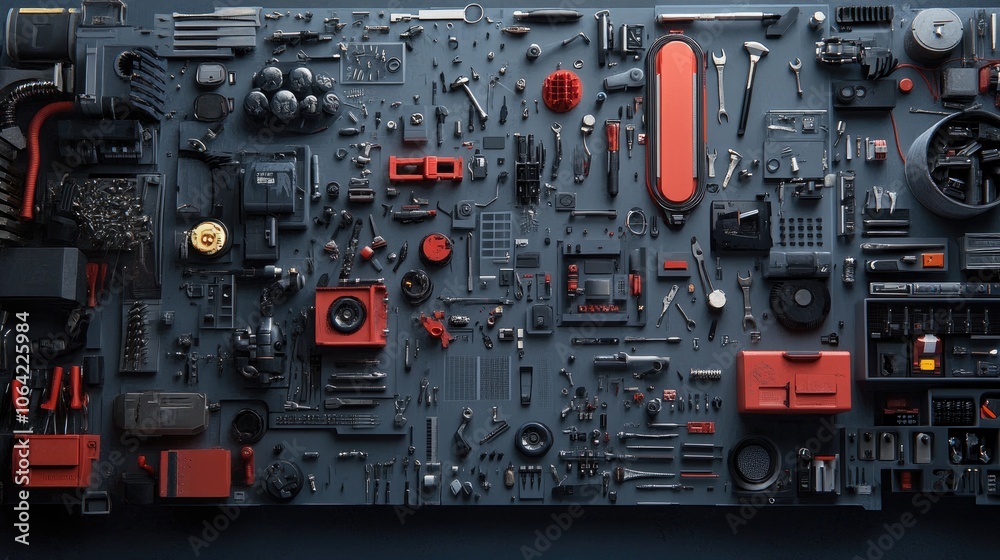 Fototapeta premium Diverse Tools and Accessories on Dark Background