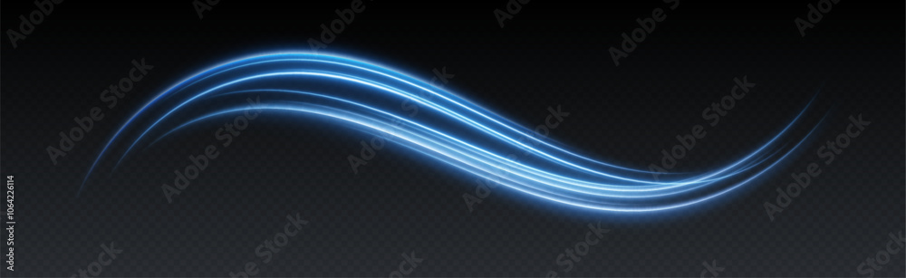 Glowing blue light swirl with smooth, flowing curves. Light effect in motion concept. Vector illustration.