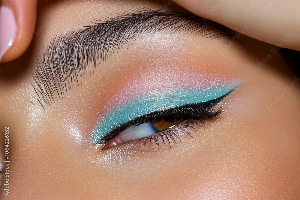 Obraz premium A beauty influencer blending eyeshadow on her eyelids, with colors softly transitioning, creating a perfect makeup look
