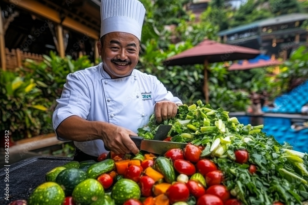 A chef chopping a large pile of vegetables for a stew, with vibrant greens, reds, and oranges creating a colorful scene A chef chopping a large pile of vegetables for a stew, with vibrant greens, reds, and oranges creating a colorful scene