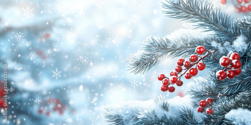 Snowflakes Falling on Christmas Pine and Berries. Festive background of snowflakes falling on snow-covered pine branches and vibrant red berries, capturing the essence of winter holidays. Snowflakes Falling on Christmas Pine and Berries. Festive background of snowflakes falling on snow-covered pine branches and vibrant red berries, capturing the essence of winter holidays.