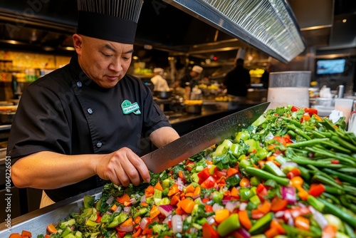 A chef chopping a large pile of vegetables for a stew, with vibrant greens, reds, and oranges creating a colorful scene photo