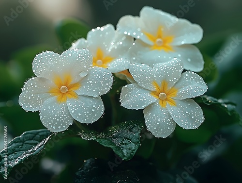 Delicate white flowers with vibrant yellow centers adorned with shimmering water droplets, creating a fresh and vibrant atmosphere in a lush green setting.