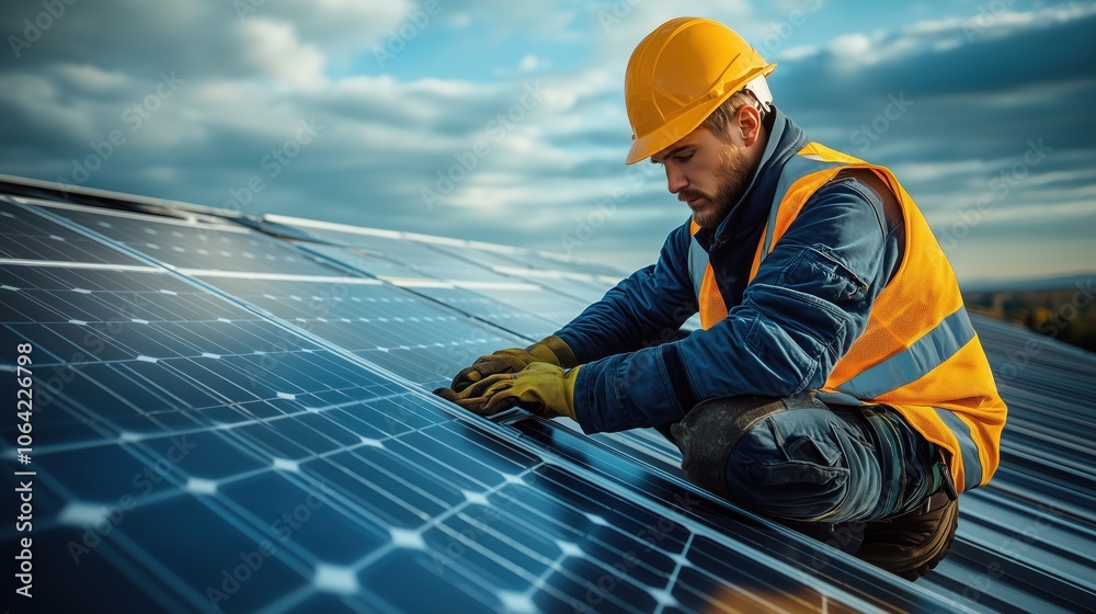 Solar panel technician in orange safety vest and gloves closely inspecting a solar installation under cloudy skies, promoting sustainable energy practices. Solar panel technician in orange safety vest and gloves closely inspecting a solar installation under cloudy skies, promoting sustainable energy practices.