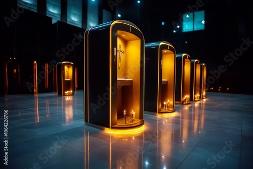 A confessional in a dark church, with candles casting a warm glow, showing the sacred space for personal confessions photo