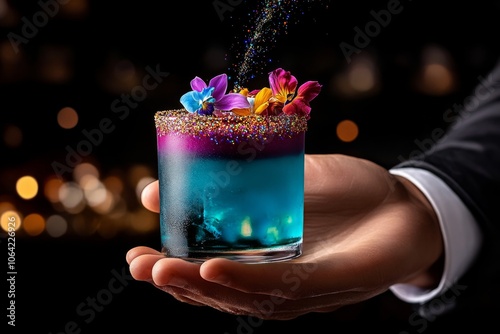 A fairy blending nectar and flowers in a tiny, enchanted mixer, with vibrant colors and sparkles creating a fantasy drink photo