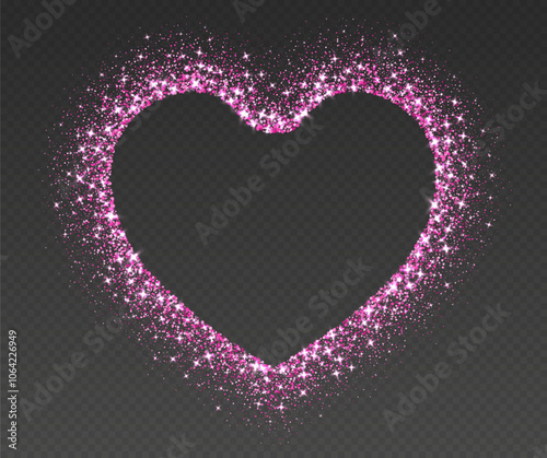 Heart glitter frame, pink sparkle border, shiny sequins texture, luxury Valentines Day design. Vector illustration.