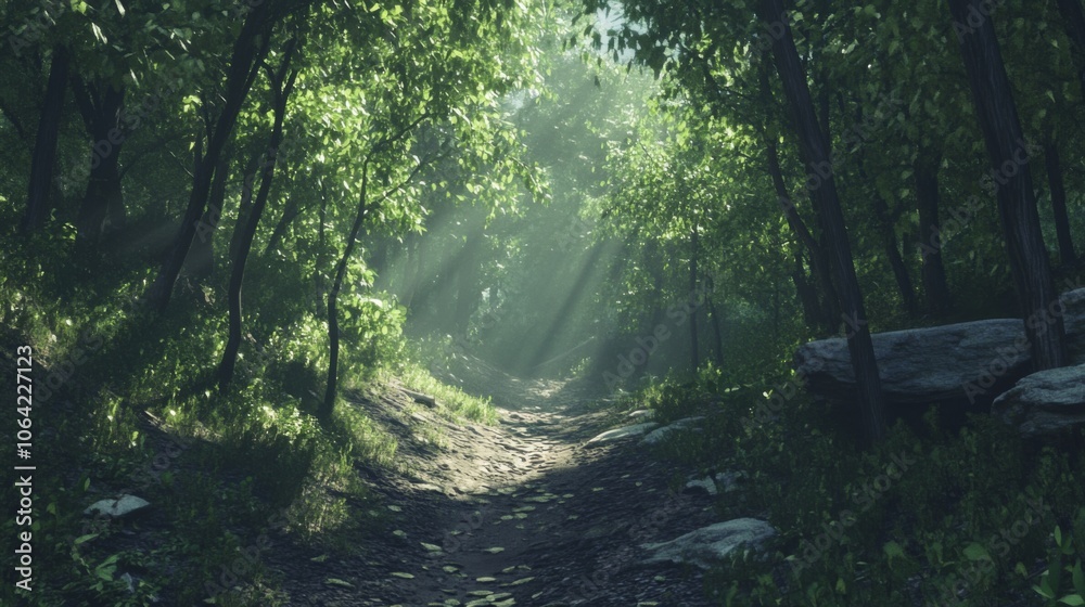 Fototapeta premium Hiking trail in a dense forest with light filtering through the trees