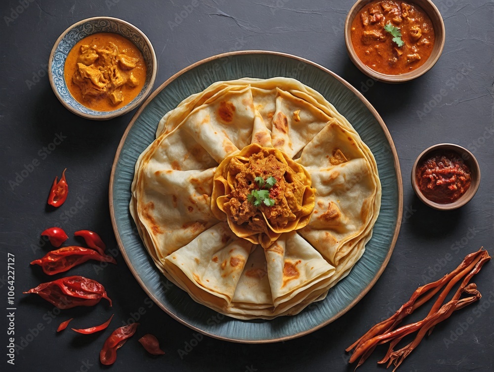 Top-Down View of Roti Canai with Curry and Sambal Top-Down View of Roti Canai with Curry and Sambal