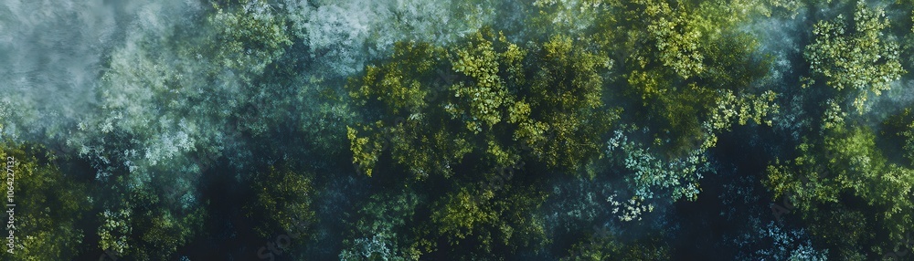 Aerial View of a Dense Forest with Fog and Lush Green Foliage Aerial View of a Dense Forest with Fog and Lush Green Foliage