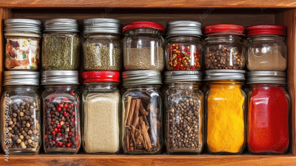 Colorful Spice Jars in Wooden Shelf Display Colorful Spice Jars in Wooden Shelf Display
