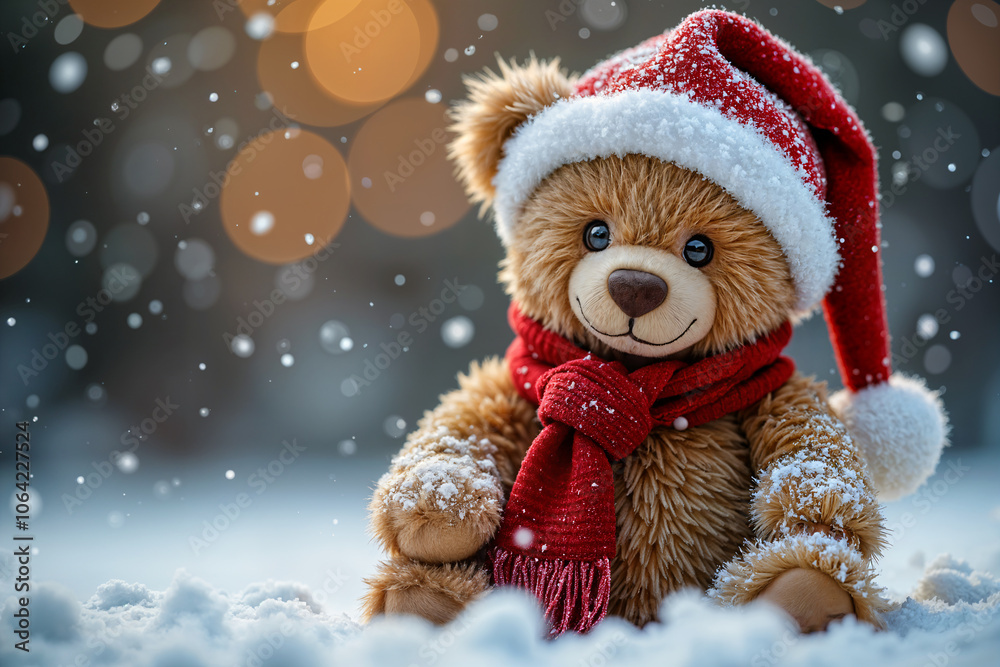 Charming teddy bear wearing a festive Santa hat and scarf, sitting amidst falling snowflakes. Charming teddy bear wearing a festive Santa hat and scarf, sitting amidst falling snowflakes.