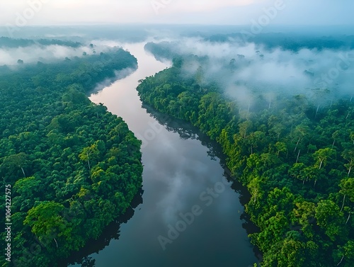 Aerial view of a serene river winding through lush, green rainforest, shrouded in mist, showcasing the beauty and tranquility of nature.