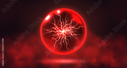 Red crystal magic ball, mystic prophecy orb with lightning inside, oracle sphere with sparkling stars and electric charge. Fantasy vector illustration.