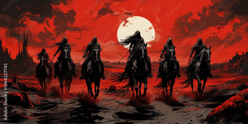 Illustration of Six Ancient Warriors on Horseback Under a Moon and Fiery Red Sky