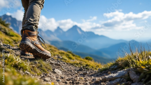 Close-up Hiker legs with Hiking boots in the mountain