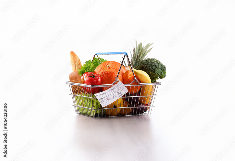 A silver wire shopping basket filled with fresh produce sits on a white surface.