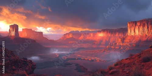 A breathtaking view of a rugged canyon at sunset, showcasing dramatic rock formations bathed in warm hues of orange and red, contrasted against darkening storm clouds.