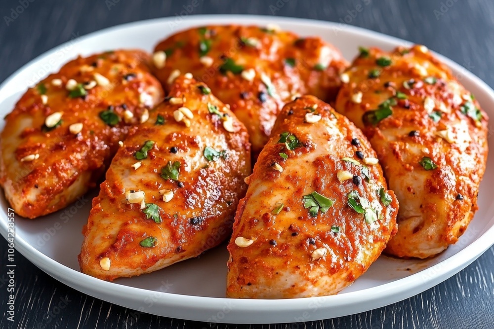 Chicken breasts marinating in a yogurt-based tandoori mix, with bright red and orange colors creating a traditional Indian flavor Chicken breasts marinating in a yogurt-based tandoori mix, with bright red and orange colors creating a traditional Indian flavor