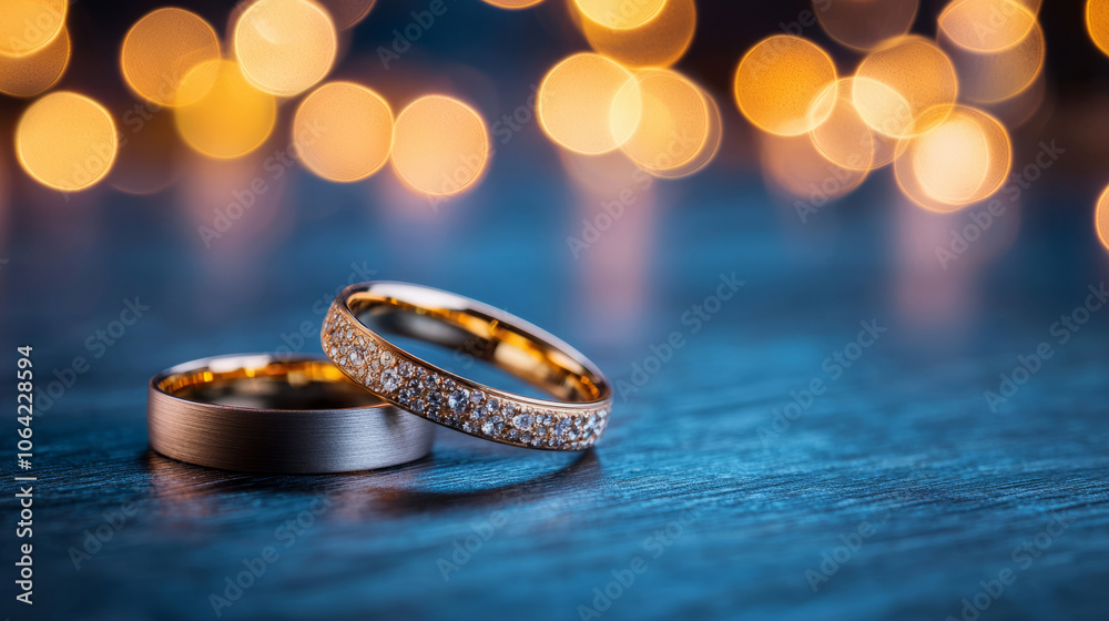 Elegant wedding bands interlocked against backdrop of vibrant bokeh lights, symbolizing love and commitment. rings showcase blend of classic and modern design, perfect for any couple