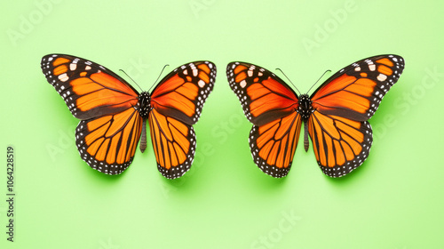 Vibrant butterflies with striking orange wings are beautifully displayed against fresh green background, showcasing their intricate patterns and delicate features