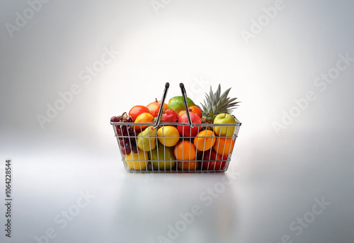 A full shopping basket overflowing with fresh fruit.