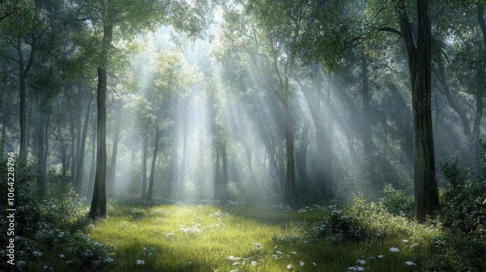 Obraz premium Foggy forest with sun rays streaming through the trees, creating a magical feel