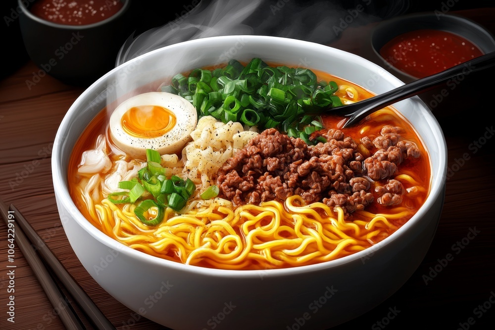 Digital illustration of a steaming bowl of ramen with rich colors, highlighting every ingredient and evoking a hearty craving Digital illustration of a steaming bowl of ramen with rich colors, highlighting every ingredient and evoking a hearty craving