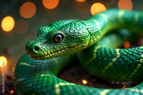 Close-up of a green snake with red eyes, coiled on what appears to be a surface with bokeh lights in the background.