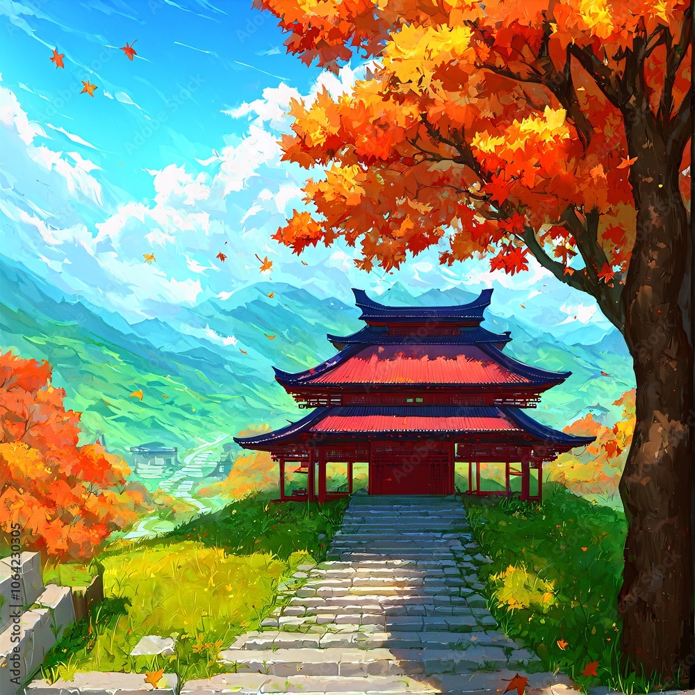Traditional Japanese Temple in Autumn with Falling Leaves Traditional Japanese Temple in Autumn with Falling Leaves
