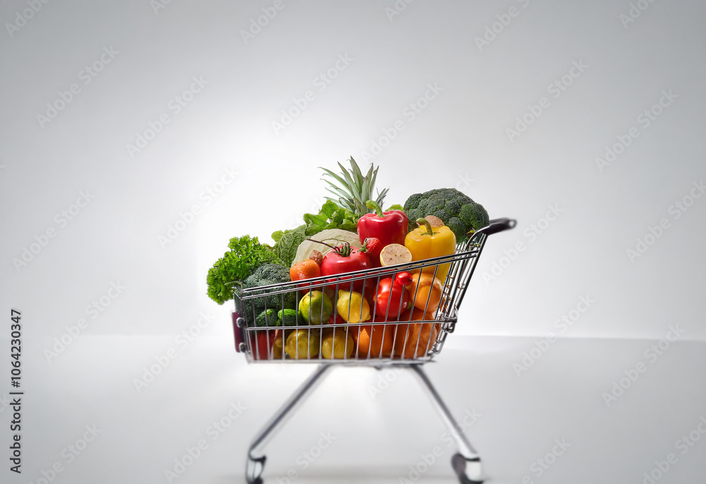 A small shopping cart overflowing with fresh produce, including peppers, lemons, broccoli, and pineapple. A small shopping cart overflowing with fresh produce, including peppers, lemons, broccoli, and pineapple.