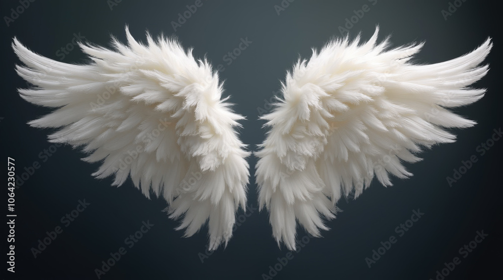 Fototapeta premium A pair of white, feathery angel wings isolated against a dark gray background. Graphic resource for use with composites.