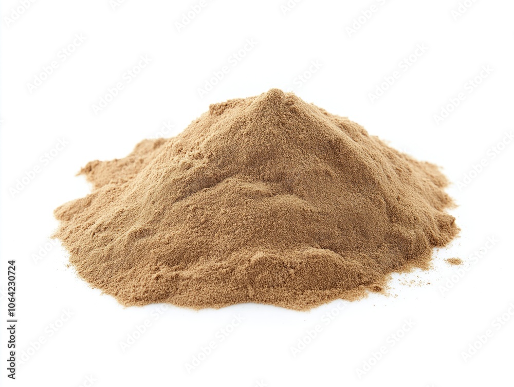 Close-up of small pile of brown desert sand. Speckled with small black dots on white background. Fine grained powder, natural texture, tropical coast. Isolated, macro view, studio shot, pile of sand,