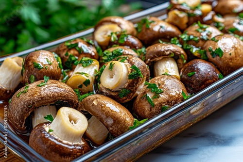 Mushrooms marinating in a tangy garlic and herb mixture, with each mushroom cap soaking up the seasoned liquid