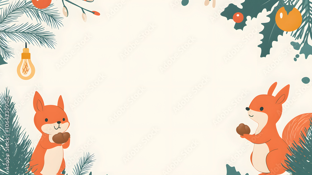 Fototapeta premium Festive Holiday Frame with Cute Squirrels and Decorations
