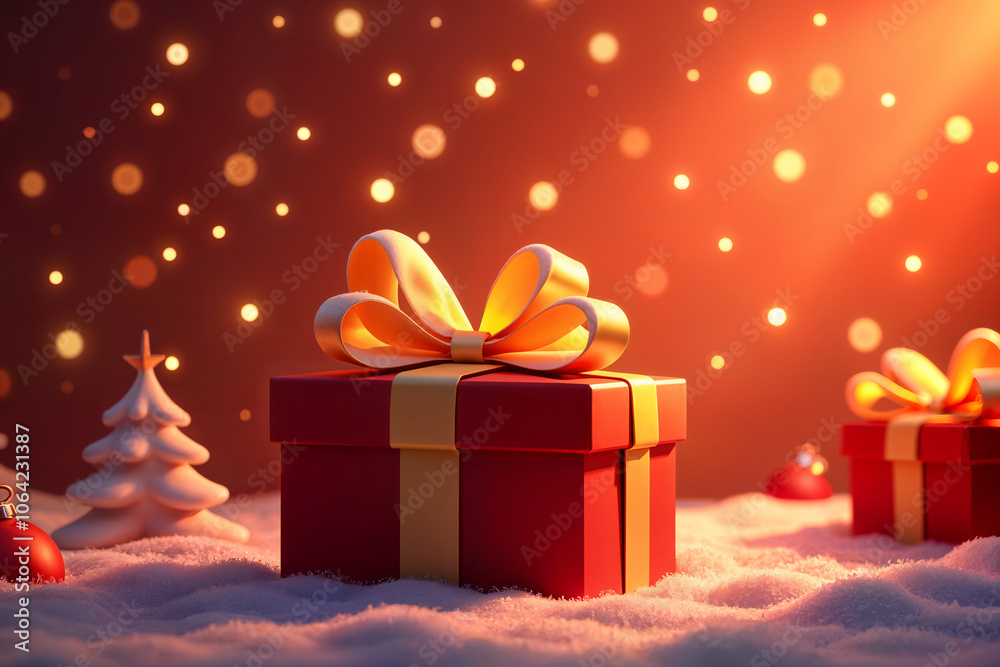 Large red gift box with a yellow ribbon, placed on a snowy surface and surrounded by Christmas decorations such as trees and ornaments. Large red gift box with a yellow ribbon, placed on a snowy surface and surrounded by Christmas decorations such as trees and ornaments.