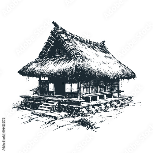 Bamboo stilt house. Black white vector illustration.