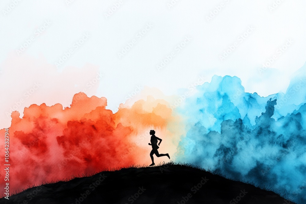 Watercolor painting of a figure running across a field at sunrise, soft colors capturing the emotion and serenity of escape