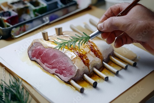 Watercolor of a hand basting lamb with rosemary-infused oil, with delicate brushstrokes and warm, earthy colors