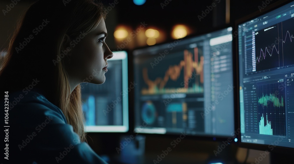 Woman Analyzing Data on Multiple Monitors Woman Analyzing Data on Multiple Monitors